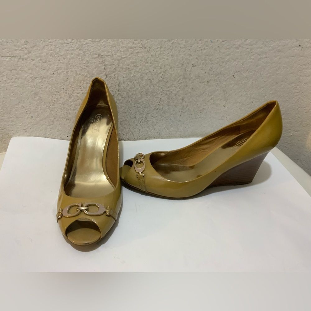 Coach Mustard Yellow Peep-Toe Wedge Pumps